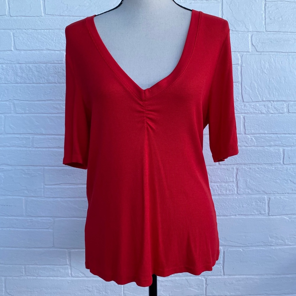 PST Ribbed Ruched V-Neck Short sleeves Top